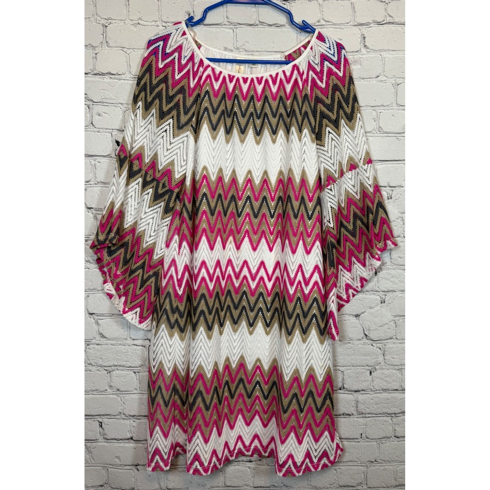 Tacera Chevron Print Dress‎ Cover Up Pink White Brown 1X